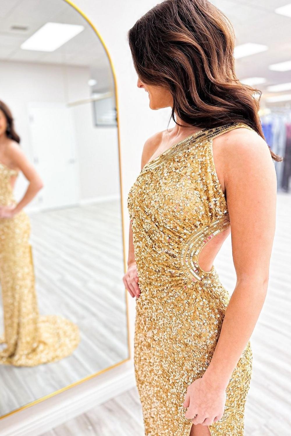 Mermaid Sparkly One Shoulder Golden Sequins Long Prom Dress with Keyhole